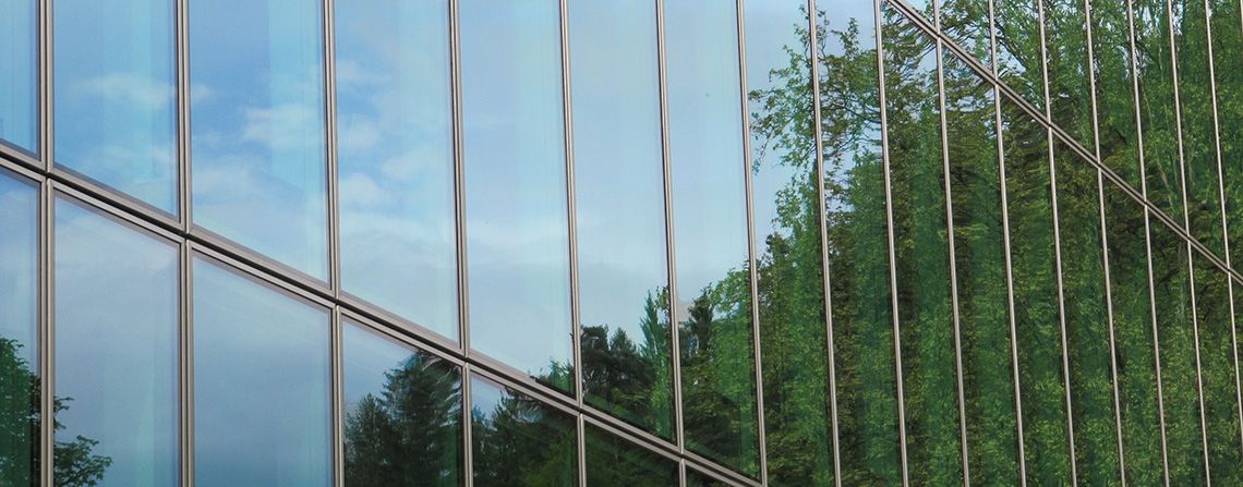 gereinigte Glasfassade mit Spiegelung von Bäumen